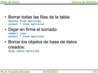 Bases de Datos
Ph.D. Franklin Parrales
Carrera de Software
135
02/03/2022
• Borrar todas las filas de la tabla:
delete from mytitles
select * from mytitles
• Dejar en firme el borrado:
commit tran
select * from mytitles
• Borrar los objetos de base de datos
creados:
drop table mytitles
 