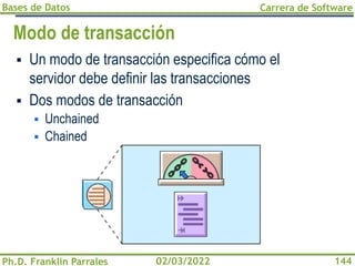 Bases de Datos
Ph.D. Franklin Parrales
Carrera de Software
144
02/03/2022
Modo de transacción
▪ Un modo de transacción especifica cómo el
servidor debe definir las transacciones
▪ Dos modos de transacción
▪ Unchained
▪ Chained
 