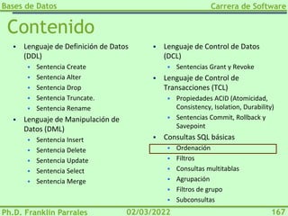Bases de Datos
Ph.D. Franklin Parrales
Carrera de Software
167
02/03/2022
Contenido
▪ Lenguaje de Definición de Datos
(DDL)
▪ Sentencia Create
▪ Sentencia Alter
▪ Sentencia Drop
▪ Sentencia Truncate.
▪ Sentencia Rename
▪ Lenguaje de Manipulación de
Datos (DML)
▪ Sentencia Insert
▪ Sentencia Delete
▪ Sentencia Update
▪ Sentencia Select
▪ Sentencia Merge
▪ Lenguaje de Control de Datos
(DCL)
▪ Sentencias Grant y Revoke
▪ Lenguaje de Control de
Transacciones (TCL)
▪ Propiedades ACID (Atomicidad,
Consistency, Isolation, Durability)
▪ Sentencias Commit, Rollback y
Savepoint
▪ Consultas SQL básicas
▪ Ordenación
▪ Filtros
▪ Consultas multitablas
▪ Agrupación
▪ Filtros de grupo
▪ Subconsultas
 