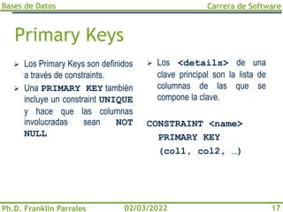 Bases de Datos
Ph.D. Franklin Parrales
Carrera de Software
17
02/03/2022
Primary Keys
➢ Los Primary Keys son definidos
a través de constraints.
➢ Una PRIMARY KEY también
incluye un constraint UNIQUE
y hace que las columnas
involucradas sean NOT
NULL
➢ Los <details> de una
clave principal son la lista de
columnas de las que se
compone la clave.
CONSTRAINT <name>
PRIMARY KEY
(col1, col2, …)
 