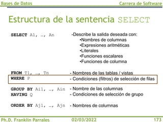Bases de Datos
Ph.D. Franklin Parrales
Carrera de Software
173
02/03/2022
Estructura de la sentencia SELECT
- Nombres de las tablas / vistas
- Condiciones (filtros) de selección de filas
- Nombre de las columnas
- Condiciones de selección de grupo
- Nombres de columnas
SELECT A1, …, An
FROM T1, …, Tn
WHERE P
GROUP BY Ai1, …, Ain
HAVING Q
ORDER BY Aj1, …, Ajn
-Describe la salida deseada con:
•Nombres de columnas
•Expresiones aritméticas
•Literales
•Funciones escalares
•Funciones de columna
 