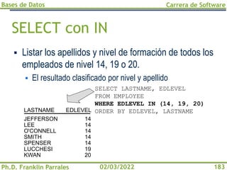 Bases de Datos
Ph.D. Franklin Parrales
Carrera de Software
183
02/03/2022
SELECT con IN
▪ Listar los apellidos y nivel de formación de todos los
empleados de nivel 14, 19 o 20.
▪ El resultado clasificado por nivel y apellido
SELECT LASTNAME, EDLEVEL
FROM EMPLOYEE
WHERE EDLEVEL IN (14, 19, 20)
ORDER BY EDLEVEL, LASTNAME
LASTNAME EDLEVEL
JEFFERSON
LEE
O'CONNELL
SMITH
SPENSER
LUCCHESI
KWAN
14
14
14
14
14
19
20
 