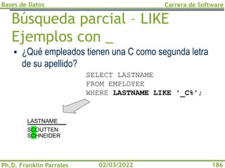 Bases de Datos
Ph.D. Franklin Parrales
Carrera de Software
186
02/03/2022
Búsqueda parcial – LIKE
Ejemplos con _
▪ ¿Qué empleados tienen una C como segunda letra
de su apellido?
SELECT LASTNAME
FROM EMPLOYEE
WHERE LASTNAME LIKE '_C%';
LASTNAME
SCOUTTEN
SCHNEIDER
 