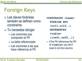Bases de Datos
Ph.D. Franklin Parrales
Carrera de Software
22
02/03/2022
Foreign Keys
➢ Las claves foráneas
también se definen como
constraints.
➢ Tu necesitas otorgar
➢ Las columnas que
componen la FK
➢ La tabla referenciada
➢ Las columnas a las que
hace referencia el FK
CONSTRAINT <name>
FOREIGN KEY
(col1,col2,…)
REFERENCES
<table>
[(ref1,ref2,…)]
➢ If the FK references the PK
of <table> you don’t
need to list the columns
 