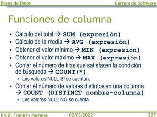 Bases de Datos
Ph.D. Franklin Parrales
Carrera de Software
227
02/03/2022
Funciones de columna
▪ Cálculo del total → SUM (expresión)
▪ Cálculo de la media → AVG (expresión)
▪ Obtener el valor mínimo → MIN (expresión)
▪ Obtener el valor máximo → MAX (expresión)
▪ Contar el número de filas que satisfacen la condición
de búsqueda → COUNT(*)
▪ Los valores NULL SI se cuentan.
▪ Contar el número de valores distintos en una columna
→ COUNT (DISTINCT nombre-columna)
▪ Los valores NULL NO se cuenta.
 