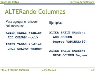 Bases de Datos
Ph.D. Franklin Parrales
Carrera de Software
29
02/03/2022
ALTERando Columnas
Para agregar o remover
columnas use…
ALTER TABLE <table>
ADD COLUMN <col>
ALTER TABLE <table>
DROP COLUMN <name>
Ejemplos:
ALTER TABLE Student
ADD COLUMN
Degree VARCHAR(50)
ALTER TABLE Student
DROP COLUMN Degree
 