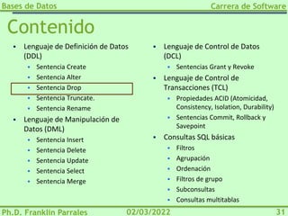 Bases de Datos
Ph.D. Franklin Parrales
Carrera de Software
31
02/03/2022
Contenido
▪ Lenguaje de Definición de Datos
(DDL)
▪ Sentencia Create
▪ Sentencia Alter
▪ Sentencia Drop
▪ Sentencia Truncate.
▪ Sentencia Rename
▪ Lenguaje de Manipulación de
Datos (DML)
▪ Sentencia Insert
▪ Sentencia Delete
▪ Sentencia Update
▪ Sentencia Select
▪ Sentencia Merge
▪ Lenguaje de Control de Datos
(DCL)
▪ Sentencias Grant y Revoke
▪ Lenguaje de Control de
Transacciones (TCL)
▪ Propiedades ACID (Atomicidad,
Consistency, Isolation, Durability)
▪ Sentencias Commit, Rollback y
Savepoint
▪ Consultas SQL básicas
▪ Filtros
▪ Agrupación
▪ Ordenación
▪ Filtros de grupo
▪ Subconsultas
▪ Consultas multitablas
 
