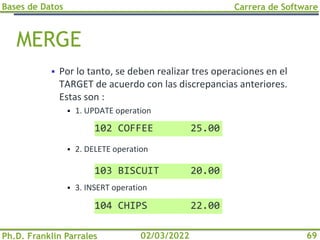 Bases de Datos
Ph.D. Franklin Parrales
Carrera de Software
69
02/03/2022
MERGE
▪ Por lo tanto, se deben realizar tres operaciones en el
TARGET de acuerdo con las discrepancias anteriores.
Estas son :
▪ 1. UPDATE operation
▪ 2. DELETE operation
▪ 3. INSERT operation
102 COFFEE 25.00
103 BISCUIT 20.00
104 CHIPS 22.00
 