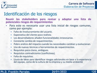 Elaboración de Proyectos
Ph.D. Franklin Parrales
Carrera de Software
120
26/01/2023
Identificación de los riesgos
Reunir l...