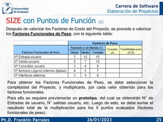 Elaboración de Proyectos
Ph.D. Franklin Parrales
Carrera de Software
25
26/01/2023
SIZE con Puntos de Función (1)
Después ...