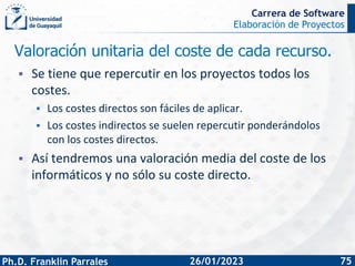 Elaboración de Proyectos
Ph.D. Franklin Parrales
Carrera de Software
75
26/01/2023
Valoración unitaria del coste de cada r...