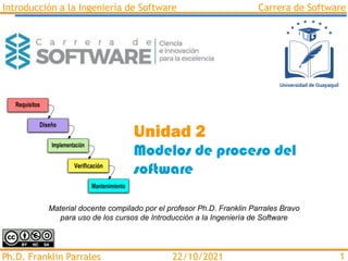 Introducción a la Ingeniería de Software Carrera de Software
Ph.D. Franklin Parrales 1
22/10/2021
Modelos de proceso del
software
Unidad 2
Material docente compilado por el profesor Ph.D. Franklin Parrales Bravo
para uso de los cursos de Introducción a la Ingeniería de Software
 