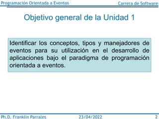 Programación Orientada a Eventos Carrera de Software
Ph.D. Franklin Parrales 2
23/04/2022
Objetivo general de la Unidad 1
...