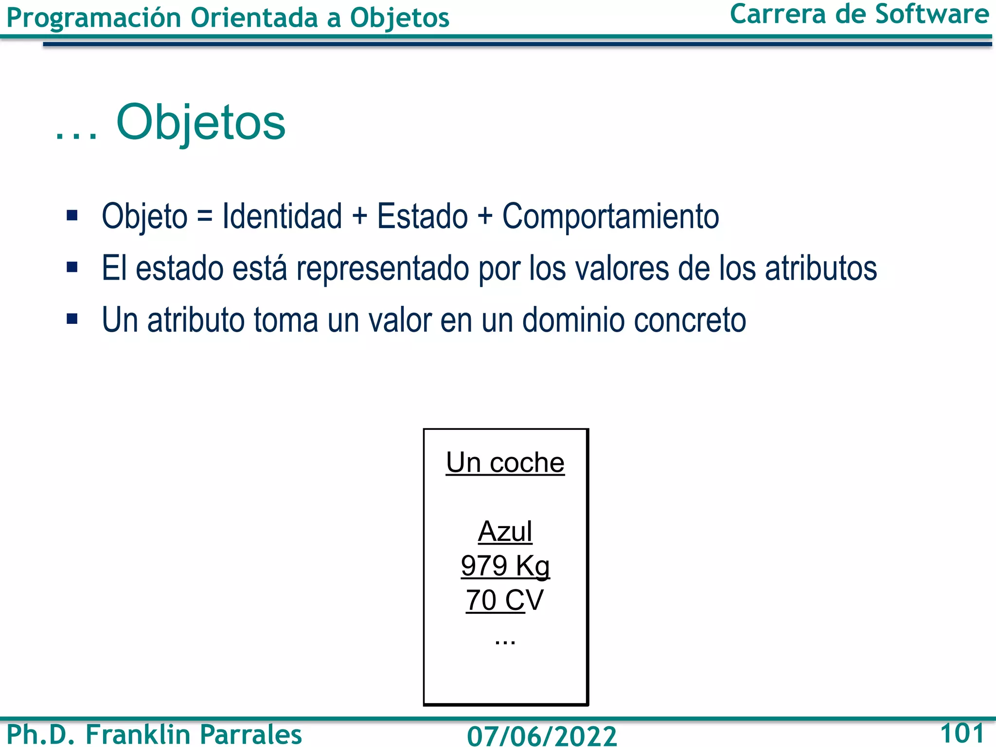 Programación Orientada a Objetos
Ph.D. Franklin Parrales
Carrera de Software
101
07/06/2022
… Objetos
▪ Objeto = Identidad + Estado + Comportamiento
▪ El estado está representado por los valores de los atributos
▪ Un atributo toma un valor en un dominio concreto
Un coche
Azul
979 Kg
70 CV
...
 