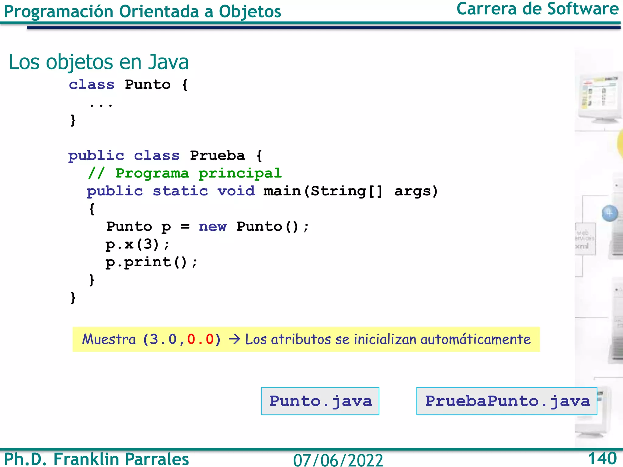 Ph.D. Franklin Parrales 140
07/06/2022
Programación Orientada a Objetos Carrera de Software
Los objetos en Java
class Punto {
...
}
public class Prueba {
// Programa principal
public static void main(String[] args)
{
Punto p = new Punto();
p.x(3);
p.print();
}
}
PruebaPunto.java
Muestra (3.0,0.0) → Los atributos se inicializan automáticamente
Punto.java
 