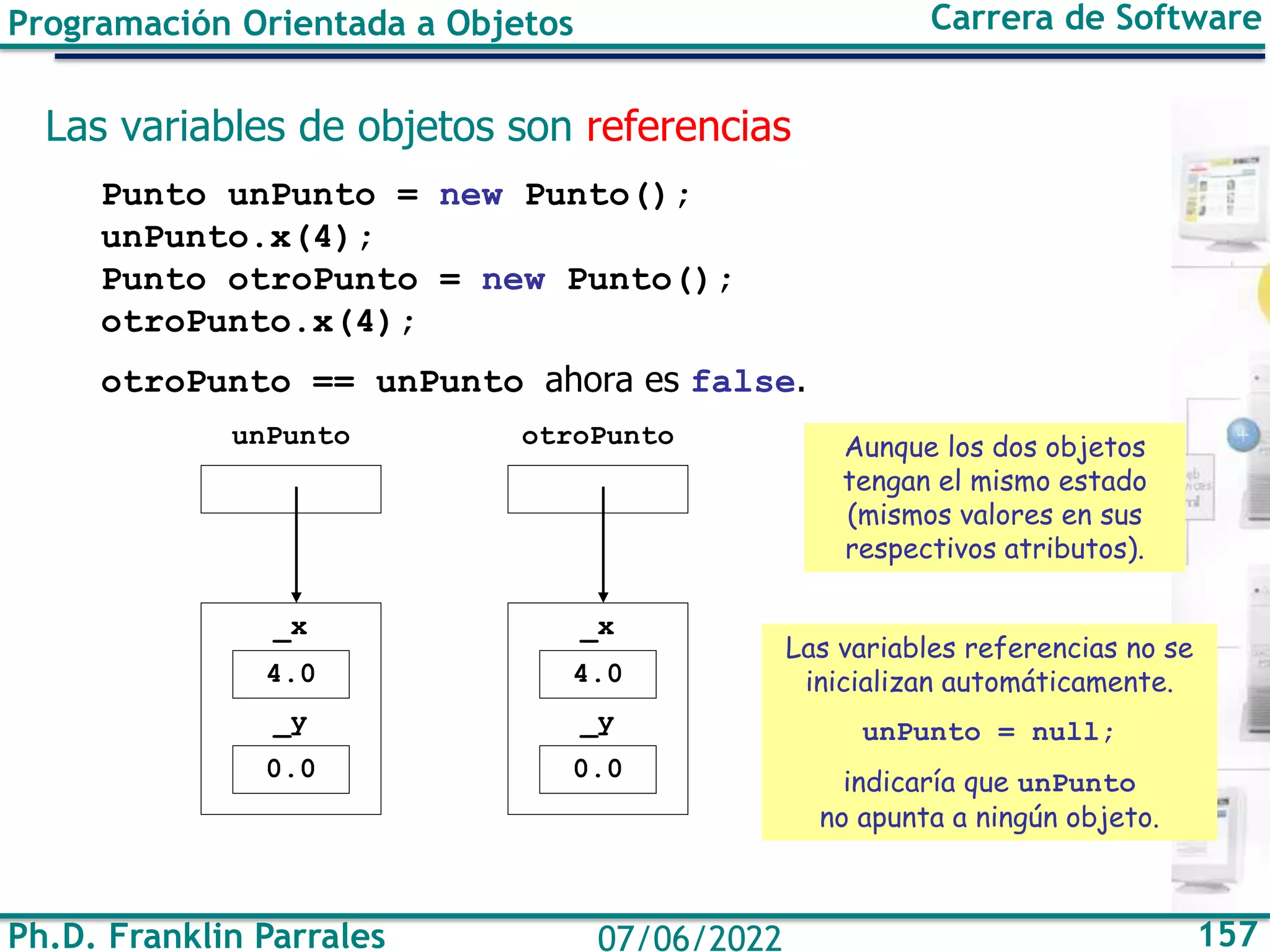 Ph.D. Franklin Parrales 157
07/06/2022
Programación Orientada a Objetos Carrera de Software
Las variables de objetos son referencias
Punto unPunto = new Punto();
unPunto.x(4);
Punto otroPunto = new Punto();
otroPunto.x(4);
otroPunto == unPunto ahora es false.
unPunto otroPunto
4.0
_x
0.0
_y
4.0
_x
0.0
_y
Aunque los dos objetos
tengan el mismo estado
(mismos valores en sus
respectivos atributos).
Las variables referencias no se
inicializan automáticamente.
unPunto = null;
indicaría que unPunto
no apunta a ningún objeto.
 