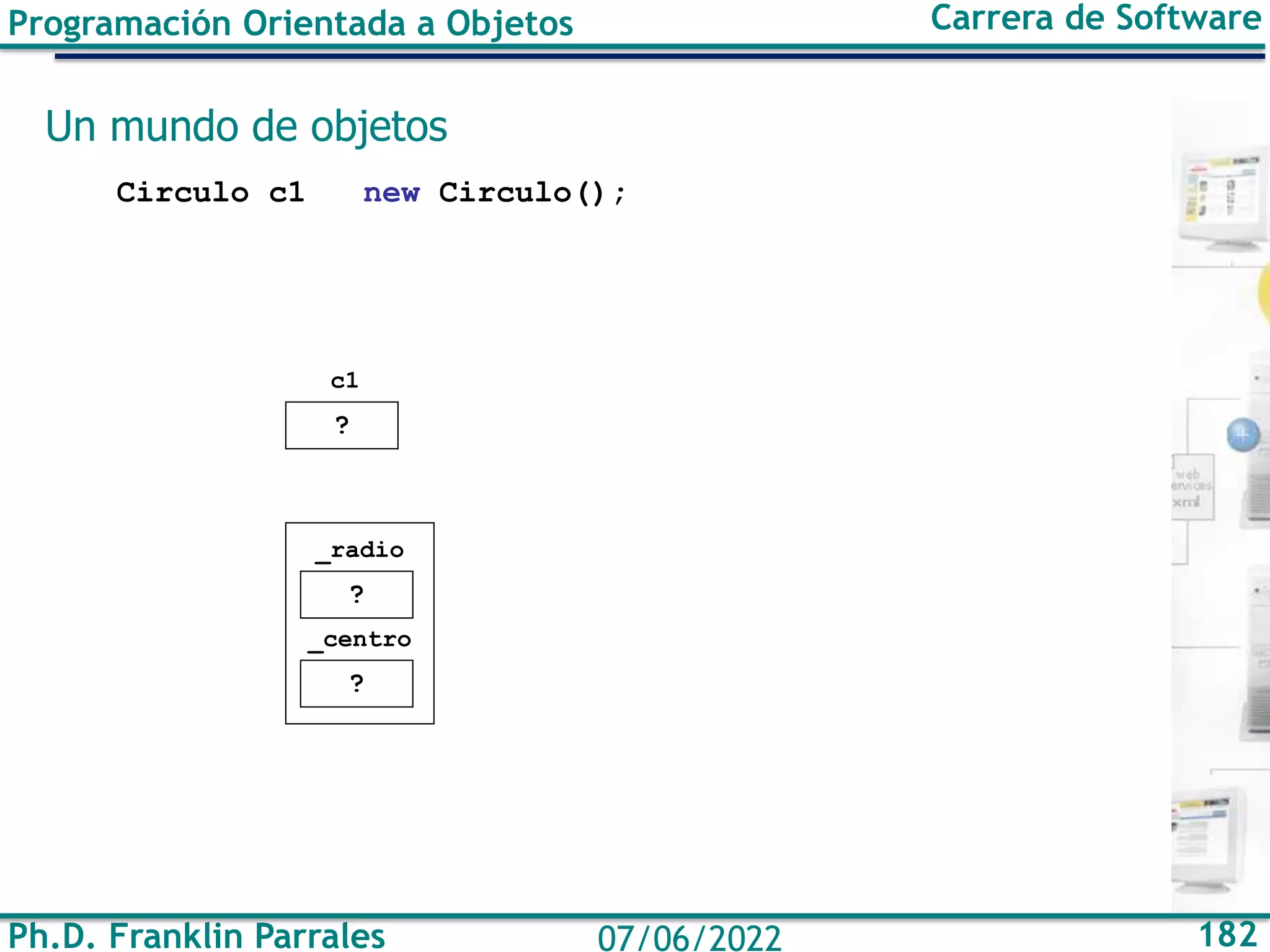 Ph.D. Franklin Parrales 182
07/06/2022
Programación Orientada a Objetos Carrera de Software
Un mundo de objetos
Circulo c1 new Circulo();
?
_radio
?
_centro
?
c1
 