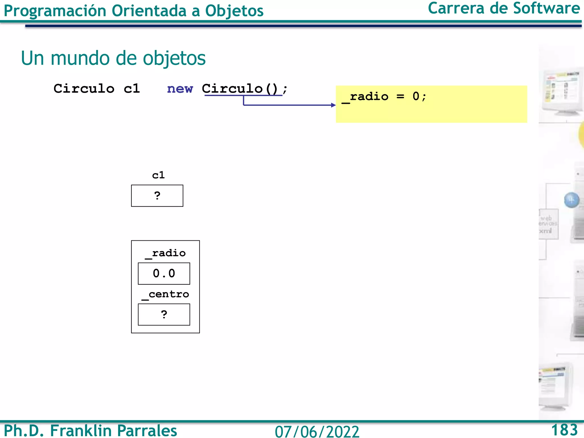 Ph.D. Franklin Parrales 183
07/06/2022
Programación Orientada a Objetos Carrera de Software
Un mundo de objetos
Circulo c1 new Circulo();
_radio = 0;
?
_radio
?
_centro
?
c1
0.0
 