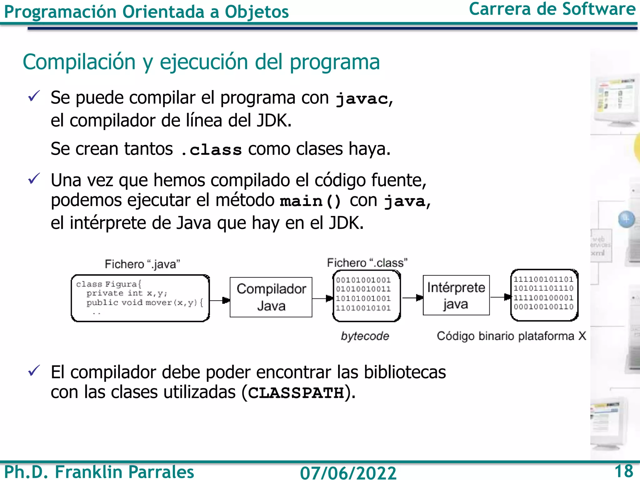 Ph.D. Franklin Parrales 18
07/06/2022
Programación Orientada a Objetos Carrera de Software
Compilación y ejecución del programa
✓ Se puede compilar el programa con javac,
el compilador de línea del JDK.
Se crean tantos .class como clases haya.
✓ Una vez que hemos compilado el código fuente,
podemos ejecutar el método main() con java,
el intérprete de Java que hay en el JDK.
✓ El compilador debe poder encontrar las bibliotecas
con las clases utilizadas (CLASSPATH).
 