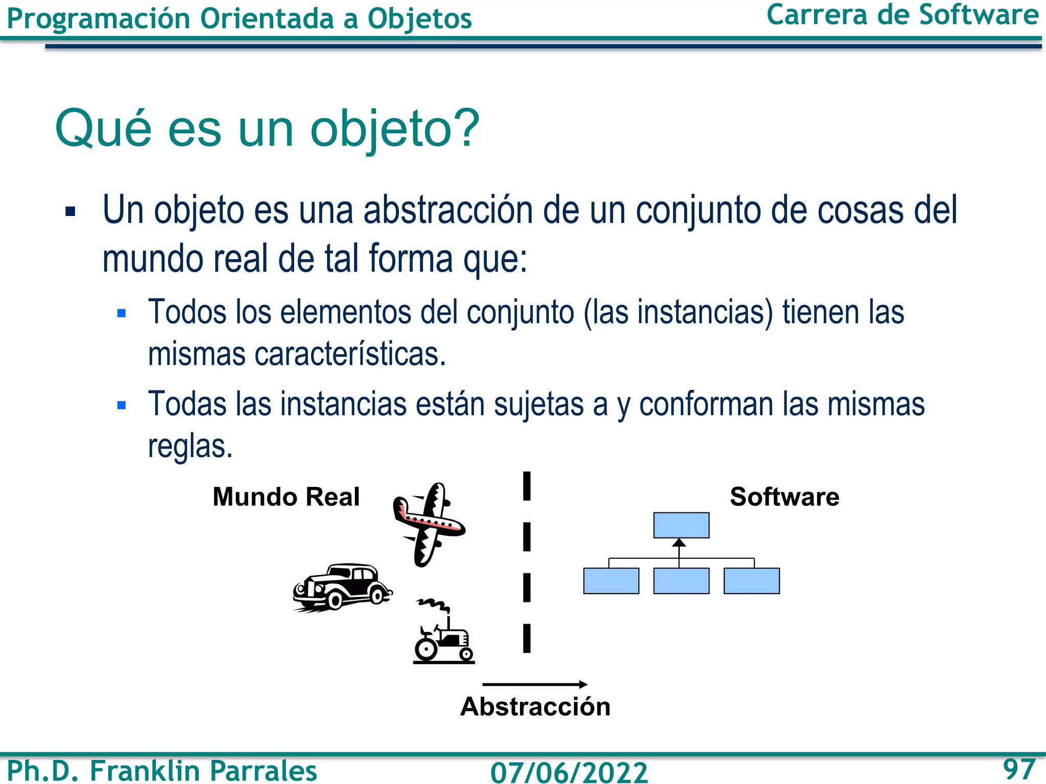 Programación Orientada a Objetos
Ph.D. Franklin Parrales
Carrera de Software
97
07/06/2022
Qué es un objeto?
▪ Un objeto es una abstracción de un conjunto de cosas del
mundo real de tal forma que:
▪ Todos los elementos del conjunto (las instancias) tienen las
mismas características.
▪ Todas las instancias están sujetas a y conforman las mismas
reglas.
Mundo Real Software
Abstracción
 