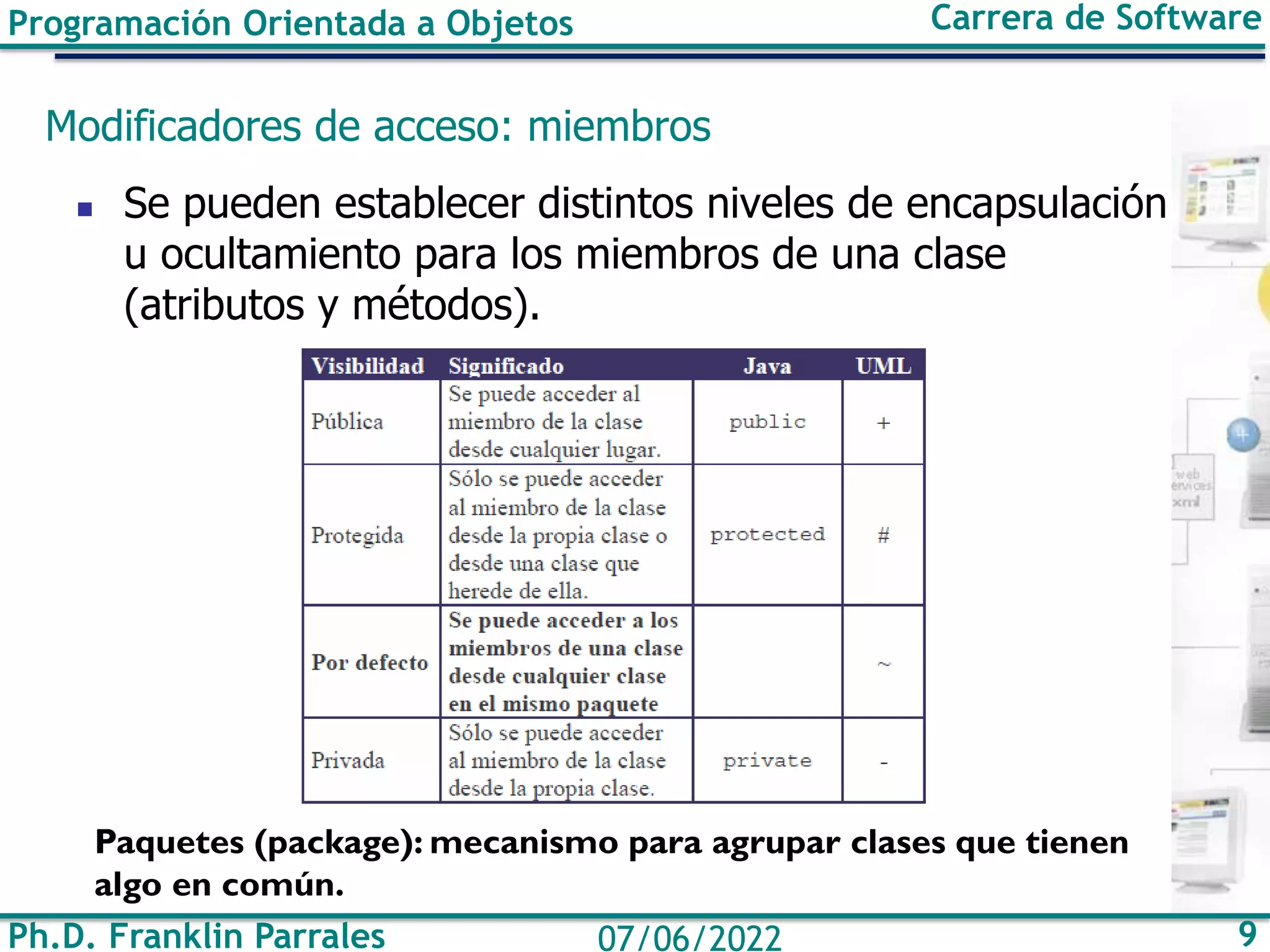 Ph.D. Franklin Parrales 9
07/06/2022
Programación Orientada a Objetos Carrera de Software
Modificadores de acceso: miembros
◼ Se pueden establecer distintos niveles de encapsulación
u ocultamiento para los miembros de una clase
(atributos y métodos).
Paquetes (package): mecanismo para agrupar clases que tienen
algo en común.
 