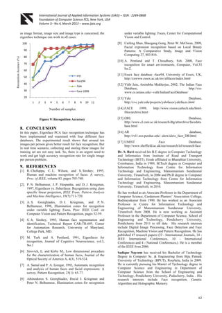 International Journal of Applied Information Systems (IJAIS) – ISSN : 2249-0868
Foundation of Computer Science FCS, New York, USA
Volume 5– No.4, March 2013 – www.ijais.org
62
as image format, image size and image type is concerned; the
eigenface technique can work in all cases.
Figure 9: Recognition Accuracy
8. CONCLUSION
In this paper, Eigenface PCA face recognition technique has
been implemented and examined with four different face
databases. The experimented result shows that around ten
images per person gives better result for face recognition. But
in real time scenario, collecting and storing these images for
training set are not easy task. So, there is an urgent need to
work and get high accuracy recognition rate for single image
per person problem.
9. REFERENCES
[1] R. Chellappa, C. L. Wilson, and S. Sirohey, 1995,
Human and machine recognition of faces: A survey,
Proc. of IEEE, volume 83, pages 705-740.
[2]. P. N. Belhumeur, J. P. Hespanha, and D. J. Kriegman,
1997, Eigenfaces vs. fisherfaces: Recognition using class
specific linear projection, IEEE Trans. Pattern Analysis
and Machine Intelligence, 19(7):711-720.
[3]. A. S. Georghiades, D. J. Kriegman, and P. N.
Belhumeur, 1998, Illumination cones for recognition
under variable lighting: Faces, Proc. IEEE Conf. on
Computer Vision and Pattern Recognition, pages 52-59.
[4] S. A. Sirohey, 1993, Human face segmentation and
identification, Technical Report CAR-TR-695, Center
for Automation Research, University of Maryland,
College Park, MD.
[5] M. Turk and A. Pentland, 1991, Eigenfaces for
recognition, Journal of Cognitive Neuroscience, vol.3,
No.1
[6] Sirovich, L. and Kirby M., Low dimensional procedure
for the characterization of human faces, Journal of the
Optical Society of America A, 4(3), 519-524.
[7] A. Samal and P. A. Iyengar, 1992, Automatic recognition
and analysis of human faces and facial expressions: A
survey, Pattern Recognition, 25(1): 65-77.
[8] Athinodoros S. Georghiades, David J. Kriegman and
Peter N. Belhumeur, Illumination cones for recognition
under variable lighting: Faces, Center for Computational
Vision and Control.
[9] Caifeng Shan, Shaogang Gong, Peter W. McOwan, 2009,
Facial expression recognition based on Local Binary
Patterns: A Comparative Study, Image and Vision
Computing 27, 803-816.
[10] A. Pentland and T. Choudhury, Feb. 2000, Face
recognition for smart environments, Computer, Vol.33
Iss.2.
[11] Essex face database -face94, University of Essex, UK,
http://cswww.essex.ac.uk/mv/allfaces/index.html
[12] Vidit Jain, Amitabha Mukherjee, 2002, The Indian Face
Database, http://vis-
www.cs.umass.edu/~vidit/IndianFaceDatabase/
[13] Yale Database,
http://cvc.yale.edu/projects/yalefaces/yalefaces.html
[14] FACE 1999, http://www.vision.caltech.edu/html-
files/archive.html
[15] ORL Database,
http://www.cl.cam.ac.uk/research/dtg/attarchive/facedata
base.html
[16] AR database,
http://rvl1.ecn.purdue.edu/~aleix/aleix_face_DB.html
[17] UMIST Face Database,
http://www.sheffield.ac.uk/eee/research/iel/research/face
Dr. S. Ravi received his B.E degree in Computer Technology
and Informatics from Institute of Road and Transport
Technology (IRTT), Erode affiliated to Bharathiar University,
Coimbatore, India in 1989, M.Tech degree in Computer and
Information Technology from Centre for Information
Technology and Engineering, Manonmaniam Sundaranar
University, Tirunelveli, in 2004 and Ph.D degree in Computer
and Information Technology from Centre for Information
Technology and Engineering, Manonmaniam Sundaranar
University, Tirunelveli, in 2010.
He has worked as an Associate Professor in the Department of
Computer Science, Cardamom Planters’ Association College,
Bodinayakanur from 1990. He has worked as an Associate
Professor in Centre for Information Technology and
Engineering of Manonmaniam Sundaranar University,
Tirunelveli from 2008. He is now working as Assistant
Professor in the Department of Computer Science, School of
Engineering and Technology, Pondicherry University,
Pondicherry from 2011 to till date. His research interests
include Digital Image Processing, Face Detection and Face
Recognition, Machine Vision and Pattern Recognition. He has
published 47 research papers (22 - International Journals, 14 -
IEEE International Conferences, 10 - International
Conferences and 4 - National Conferences,). He is a member
of the IEEE from 2006.
Sadique Nayeem has received his Bachelor of Technology
Degree in Computer Sc. & Engineering from Biju Patnaik
University of Technology (BPUT), Rourkela, India in 2009.
He is currently pursuing his Master of Technology degree in
Computer Science and Engineering in Department of
Computer Science from the School of Engineering and
Technology, Pondicherry University, Puducherry, India. . His
research interests include Face recognition, Genetic
Algorithm and Holographic Memory.
20
30
40
50
60
70
80
90
100
1 2 3 4 5 6 7 8 9 10 11
IFD
Face94
Yale
Face 1999
Number of samples
RecognitionAccuracy(%)
 