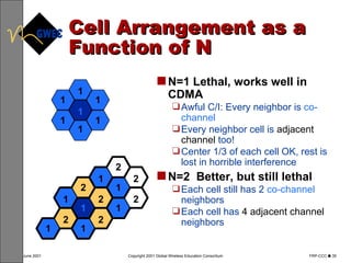 Cell Arrangement as a Function of N N=1 Lethal, works well in CDMA Awful C/I: Every neighbor is  co-channel Every neighbor cell is  adjacent channel  too! Center 1/3 of each cell OK, rest is lost in horrible interference N=2  Better, but still lethal Each cell still has 2  co-channel  neighbors Each cell has  4 adjacent channel  neighbors 1 1 1 1 1 1 1 1 1 2 1 1 1 1 1 2 2 2 2 2 2 