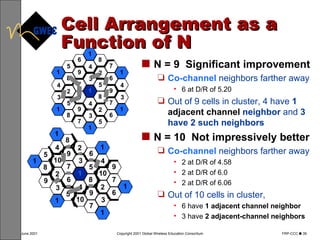 N = 9  Significant improvement Co-channel   neighbors farther away 6 at D/R of 5.20 Out of 9 cells in cluster, 4 have  1  adjacent channel  neighbor  and  3   have 2 such neighbors N = 10  Not impressively better Co-channel   neighbors farther away 2 at D/R of 4.58 2 at D/R of 6.0 2 at D/R of 6.06 Out of 10 cells in cluster, 6 have  1  adjacent channel  neighbor 3 have  2  adjacent-channel  neighbors Cell Arrangement as a Function of N 1 2 3 4 5 6 7 8 9 1 2 3 6 7 1 2 6 7 4 4 5 8 9 1 3 5 8 9 1 1 4 6 8 1 3 5 7 1 2 3 4 5 6 7 8 9 10 1 2 4 6 1 3 5 9 1 2 6 7 9 10 1 3 7 9 10 1 4 8 1 5 8 