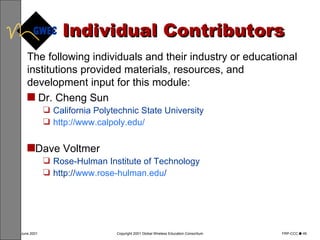 Individual Contributors The following individuals and their industry or educational institutions provided materials, resources, and development input for this module: Dr. Cheng Sun  California Polytechnic State  University http://www.calpoly.edu/   Dave Voltmer Rose-Hulman Institute of Technology http:// www.rose-hulman.edu / 
