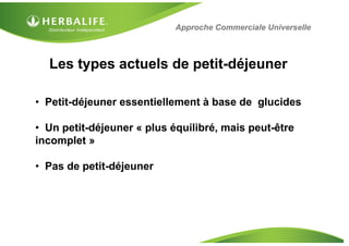 Approche Commerciale Universelle



  Les types actuels de petit-déjeuner

• Petit-déjeuner essentiellement à base de glucides

• Un petit-déjeuner « plus équilibré, mais peut-être
incomplet »

• Pas de petit-déjeuner
 