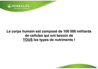 Le corps humain est composé de 100 000 milliards
          de cellules qui ont besoin de
         TOUS les types de nutriments !
 