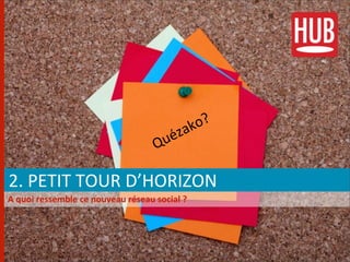 ko?
                                                           éza
                                                        Qu

	
  2.	
  PETIT	
  TOUR	
  D’HORIZON
	
  A	
  quoi	
  ressemble	
  ce	
  nouveau	
  réseau	
  social	
  ?
 