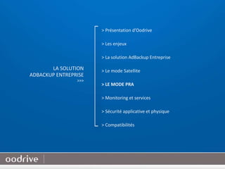 17
> Présentation d’Oodrive
> Les enjeux
> La solution AdBackup Entreprise
> Le mode Satellite
> LE MODE PRA
> Monitoring et services
> Sécurité applicative et physique
> Compatibilités
LA SOLUTION
ADBACKUP ENTREPRISE
>>>
 