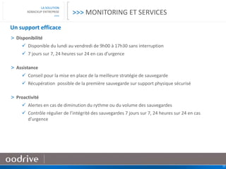 23
LA SOLUTION
ADBACKUP ENTREPRISE
>>>
Un support efficace
> Disponibilité
 Disponible du lundi au vendredi de 9h00 à 17h30 sans interruption
 7 jours sur 7, 24 heures sur 24 en cas d’urgence
> Assistance
 Conseil pour la mise en place de la meilleure stratégie de sauvegarde
 Récupération possible de la première sauvegarde sur support physique sécurisé
> Proactivité
 Alertes en cas de diminution du rythme ou du volume des sauvegardes
 Contrôle régulier de l’intégrité des sauvegardes 7 jours sur 7, 24 heures sur 24 en cas
d’urgence
>>> MONITORING ET SERVICES
 