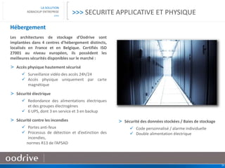26
LA SOLUTION
ADBACKUP ENTREPRISE
>>>
Hébergement
Les architectures de stockage d’Oodrive sont
implantées dans 4 centres d’hébergement distincts,
localisés en France et en Belgique. Certifiés ISO
27001 au niveau européen, ils possèdent les
meilleures sécurités disponibles sur le marché :
> Accès physique hautement sécurisé
 Surveillance vidéo des accès 24h/24
 Accès physique uniquement par carte
magnétique
> Sécurité électrique
 Redondance des alimentations électriques
et des groupes électrogènes
 6 UPS, dont 3 en service et 3 en backup
> Sécurité contre les incendies
 Portes anti-feux
 Processus de détection et d’extinction des
incendies,
normes R13 de l’APSAD
>>> SECURITE APPLICATIVE ET PHYSIQUE
> Sécurité des données stockées / Baies de stockage
 Code personnalisé / alarme individuelle
 Double alimentation électrique
 