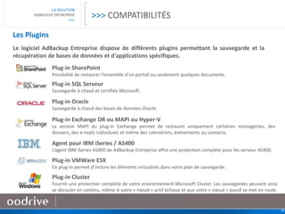 28
LA SOLUTION
ADBACKUP ENTREPRISE
>>>
Les Plugins
Le logiciel AdBackup Entreprise dispose de différents plugins permettant la sauvegarde et la
récupération de bases de données et d'applications spécifiques.
Plug-in SharePoint
Possibilité de restaurer l’ensemble d’un portail ou seulement quelques documents.
Plug-in SQL Serveur
Sauvegarde à chaud et certifiée Microsoft.
Plug-in Oracle
Sauvegarde à chaud des bases de données Oracle.
Plug-in Exchange DR ou MAPI ou Hyper-V
La version MAPI du plug-in Exchange permet de restaurer uniquement certaines messageries, des
dossiers, des e-mails individuels et même des calendriers, événements ou contacts.
Agent pour IBM iSeries / AS400
L’agent IBM iSeries AS400 de AdBackup Entreprise offre une protection complète pour les serveur AS400.
Plug-in VMWare ESX
Ce plug-in permet d’inclure les éléments virtualisés dans votre plan de sauvegarde.
Plug-in Cluster
Fournit une protection complète de votre environnement Microsoft Cluster. Les sauvegardes peuvent ainsi
se dérouler en continu, même si votre « nœud » actif échoue et que votre « nœud » passif se met en route.
>>> COMPATIBILITÉS
 