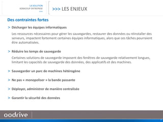 7
LA SOLUTION
ADBACKUP ENTREPRISE
>>>
Des contraintes fortes
> Décharger les équipes informatiques
Les ressources nécessaires pour gérer les sauvegardes, restaurer des données ou réinstaller des
serveurs, impactent fortement certaines équipes informatiques, alors que ces tâches pourraient
être automatisées.
> Réduire les temps de sauvegarde
Certaines solutions de sauvegarde imposent des fenêtres de sauvegarde relativement longues,
limitant les capacités de sauvegarde des données, des applicatifs et des machines.
> Sauvegarder un parc de machines hétérogène
> Ne pas « monopoliser » la bande passante
> Déployer, administrer de manière centralisée
> Garantir la sécurité des données
>>> LES ENJEUX
 