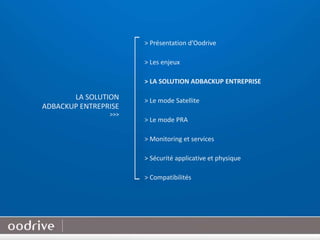 8
> Présentation d’Oodrive
> Les enjeux
> LA SOLUTION ADBACKUP ENTREPRISE
> Le mode Satellite
> Le mode PRA
> Monitoring et services
> Sécurité applicative et physique
> Compatibilités
LA SOLUTION
ADBACKUP ENTREPRISE
>>>
 
