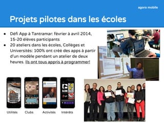 agora mobile 
Projets pilotes dans les écoles 
● Défi App à Tantramar: février à avril 2014, 
15-20 élèves participants 
● 20 ateliers dans les écoles, Collèges et 
Universités: 100% ont créé des apps à partir 
d’un modèle pendant un atelier de deux 
heures. Ils ont tous appris à programmer! 
Utilités Clubs Activités Intérêts 
 