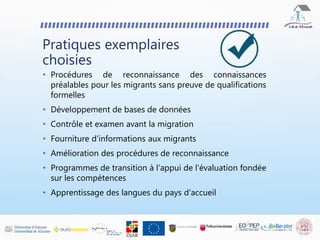 Pratiques exemplaires
choisies
• Procédures de reconnaissance des connaissances
préalables pour les migrants sans preuve de qualifications
formelles
• Développement de bases de données
• Contrôle et examen avant la migration
• Fourniture d'informations aux migrants
• Amélioration des procédures de reconnaissance
• Programmes de transition à l'appui de l'évaluation fondée
sur les compétences
• Apprentissage des langues du pays d'accueil
 