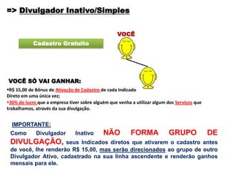 VOCÊ
Cadastro Gratuito
=> Divulgador Inativo/Simples
VOCÊ SÓ VAI GANHAR:
R$ 15,00 de Bônus de Ativação de Cadastro de cada Indicado
Direto em uma única vez;
30% do lucro que a empresa tiver sobre alguém que venha a utilizar algum dos Serviços que
trabalhamos, através da sua divulgação.
IMPORTANTE:
Como Divulgador Inativo NÃO FORMA GRUPO DE
DIVULGAÇÃO, seus Indicados diretos que ativarem o cadastro antes
de você, lhe renderão R$ 15,00, mas serão direcionados ao grupo de outro
Divulgador Ativo, cadastrado na sua linha ascendente e renderão ganhos
mensais para ele.
..
 