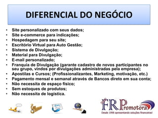 DIFERENCIAL DO NEGÓCIO
• Site personalizado com seus dados;
• Site e-commerce para indicações;
• Hospedagem para seu site;
• Escritório Virtual para Auto Gestão;
• Sistema de Divulgação;
• Material para Divulgação;
• E-mail personalizado;
• Franquia de Divulgação (garante cadastro de novos participantes no
seu grupo, vindos por divulgações administradas pela empresa);
• Apostilas e Cursos; (Profissionalizantes, Marketing, motivação, etc.)
• Pagamento mensal e semanal através de Bancos direto em sua conta;
• Não necessita de espaço físico;
• Sem estoques de produtos;
• Não necessita de logística.
 