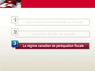 2 Disparités fiscales au Canada
L’autonomie gouvernementale au Canada
1
Le régime canadien de péréquation fiscale
3
 
