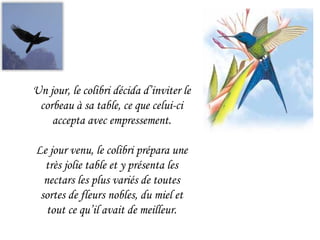 Un jour, le colibri décida d’inviter le corbeau à sa table, ce que celui-ci accepta avec empressement. Le jour venu, le colibri prépara une très jolie table et y présenta les nectars les plus variés de toutes sortes de fleurs nobles, du miel et tout ce qu’il avait de meilleur. 