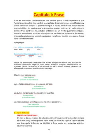 4
Capítulo I: Frase
Frase es una unidad conformada por una palabra que es la más importante y que
funciona como núcleo; éste puede ir acompañado de complementos o modificadores y
juntos forman un bloque. Es posible distinguir el núcleo en las frases porque éste es
imprescindible y las palabras que lo acompañan pueden omitirse. Se suele utilizar el
término frase dentro de los estudios sintácticos de un modo igualmente ambiguo.
Nosotros entendemos por frase al conjunto de palabras con coherencia de sentido,
organizadas alrededor de un núcleo y capaz de cumplir una función; pero que no llega a
tener sentido completo.
Por Ejemplo:
Las dulces manzanas de Chosica
MOD MOD [EN] MOD
Excesivamente preocupado por eso
MOD [EN] MOD
Todas las expresiones anteriores son frases porque no indican una actitud del
hablante: afirmación, negación, duda, deseo, emoción, pregunta o exhortación; no
cumplen con las características de una oración. De la misma manera, cada una de
ellas podrá asumir una función sintáctica mayor:
Ella vive muy lejos de aquí.
Frase adverbial
(Función de circunstancial)
Luis estaba excesivamente preocupado por eso.
Frase adjetiva
(Función de atributo)
Las dulces manzanas de Chosica son mis favoritas.
Frase nominal
(Función de sujeto)
Las necesidades de un niño pequeño no deben posponerse.
Frase prepositiva
Función de modificador indirecto
1.1 Tipos de frases:
FRASES ENDOCÉNTRICAS:
En ellas se da una relación de subordinación entre sus miembros (constan siempre
de un NÚCLEO y además pueden llevar un MODIFICADOR). Según el tipo de palabra
que desempeñe la función de NÚCLEO, la frase puede ser: sustantiva, adjetiva,
adverbial y verbal)
 