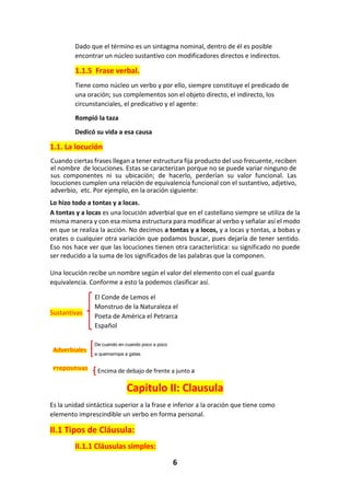 6
Dado que el término es un sintagma nominal, dentro de él es posible
encontrar un núcleo sustantivo con modificadores directos e indirectos.
1.1.5 Frase verbal.
Tiene como núcleo un verbo y por ello, siempre constituye el predicado de
una oración; sus complementos son el objeto directo, el indirecto, los
circunstanciales, el predicativo y el agente:
Rompió la taza
Dedicó su vida a esa causa
1.1. La locución
Cuando ciertas frases llegan a tener estructura fija producto del uso frecuente, reciben
el nombre de locuciones. Estas se caracterizan porque no se puede variar ninguno de
sus componentes ni su ubicación; de hacerlo, perderían su valor funcional. Las
locuciones cumplen una relación de equivalencia funcional con el sustantivo, adjetivo,
adverbio, etc. Por ejemplo, en la oración siguiente:
Lo hizo todo a tontas y a locas.
A tontas y a locas es una locución adverbial que en el castellano siempre se utiliza de la
misma manera y con esa misma estructura para modificar al verbo y señalar así el modo
en que se realiza la acción. No decimos a tontas y a locos, y a locas y tontas, a bobas y
orates o cualquier otra variación que podamos buscar, pues dejaría de tener sentido.
Eso nos hace ver que las locuciones tienen otra característica: su significado no puede
ser reducido a la suma de los significados de las palabras que la componen.
Una locución recibe un nombre según el valor del elemento con el cual guarda
equivalencia. Conforme a esto la podemos clasificar así.
El Conde de Lemos el
Monstruo de la Naturaleza el
Poeta de América el Petrarca
Español
De cuando en cuando poco a poco
a quemarropa a gatas
Encima de debajo de frente a junto a
Capitulo II: Clausula
Es la unidad sintáctica superior a la frase e inferior a la oración que tiene como
elemento imprescindible un verbo en forma personal.
II.1 Tipos de Cláusula:
II.1.1 Cláusulas simples:
Sustantivas
Adverbiales
Prepositivas
 
