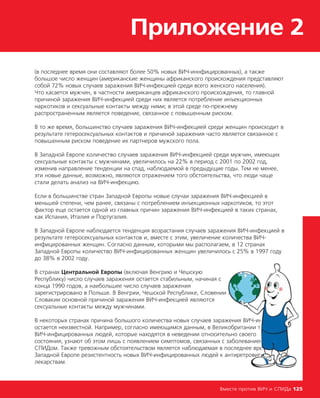 Приложение 2
Вместе против ВИЧ и СПИДа 125
(в последнее время они составляют более 50% новых ВИЧ-иннфицированных), а также
большое число женщин (американские женщины африканского происхождения представляют
собой 72% новых случаев заражения ВИЧ-инфекцией среди всего женского населения).
Что касается мужчин, в частности американцев африканского происхождения, то главной
причиной заражения ВИЧ-инфекцией среди них является потребление инъекционных
наркотиков и сексуальные контакты между ними; в этой среде по-прежнему
распространенным является поведение, связанное с повышенным риском.
В то же время, большинство случаев заражения ВИЧ-инфекцией среди женщин происходит в
результате гетеросексуальных контактов и причиной заражения часто является связанное с
повышенным риском поведение их партнеров мужского пола.
В Западной Европе количество случаев заражения ВИЧ-инфекцией среди мужчин, имеющих
сексуальные контакты с мужчинами, увеличилось на 22% в период с 2001 по 2002 год,
изменив направление тенденции на спад, наблюдаемой в предыдущие годы. Тем не менее,
эти новые данные, возможно, являются отражением того обстоятельства, что люди чаще
стали делать анализ на ВИЧ-инфекцию.
Если в большинстве стран Западной Европы новые случаи заражения ВИЧ-инфекцией в
меньшей степени, чем ранее, связаны с потреблением инъекционных наркотиков, то этот
фактор еще остается одной из главных причин заражения ВИЧ-инфекцией в таких странах,
как Испания, Италия и Португалия.
В Западной Европе наблюдается тенденция возрастания случаев заражения ВИЧ-инфекцией в
результате гетеросексуальных контактов и, вместе с этим, увеличение количества ВИЧ-
инфицированных женщин. Согласно данным, которыми мы располагаем, в 12 странах
Западной Европы количество ВИЧ-инфицированных женщин увеличилось с 25% в 1997 году
до 38% в 2002 году.
В странах Центральной Европы (включая Венгрию и Чешскую
Республику) число случаев заражения остается стабильным, начиная с
конца 1990 годов, а наибольшее число случаев заражения
зарегистрировано в Польше. В Венгрии, Чешской Республике, Словении и
Словакии основной причиной заражения ВИЧ-инфекцией являются
сексуальные контакты между мужчинами.
В некоторых странах причина большого количества новых случаев заражения ВИЧ-инфекцией
остается неизвестной. Например, согласно имеющимся данным, в Великобритании треть
ВИЧ-инфицированных людей, которые находятся в неведении относительно своего
состояния, узнают об этом лишь с появлением симптомов, связанных с заболеванием
СПИДом. Также тревожным обстоятельством является наблюдаемая в последнее время в
Западной Европе резистентность новых ВИЧ-инфицированных людей к антиретровиральным
лекарствам.
 