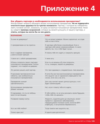 Приложение 4
Вместе против ВИЧ и СПИДа 135
Как убедить партнера в необходимости использования презерватива?
Иногда бывает непросто обсуждать вопрос использования презерватива. Но не подвергайте
опасности ваше здоровье из-за чувства неловкости. Партнер, с которым вы собираетесь
иметь половой контакт, возможно, не сразу согласиться пользоваться презервативом. Ниже
вы найдете примеры возражений, которые вы можете услышать от вашего партнера, и
ответы, которые вы могли бы на них давать.
ВОЗРАЖЕНИЕ ОТВЕТ
Ты мне не доверяешь? Это не вопрос доверия. Можно заразиться, не отдав
себе в этом отчета.
С презервативом не так приятно. Я чувствую себя более спокойной(ым). Если я
чувствую себя менее напряженной(ым), то смогу
сделать так, что и тебе будет лучше.
Если я надеваю презерватив, Я помогу тебе его надеть и сохранить эрекцию.
у меня исчезает эрекция.
У меня нет с собой презервативов. У меня есть.
Я боюсь попросить своего партнера Если ты не можешь об этом попросить,
пользоваться презервативом. Он/она то ты, очевидно, ему/ей не доверяешь.
подумает, что я ему/ей не доверяю.
Это должен решать мой партнер. Это твое здоровье и, следовательно, твое решение.
Я принимаю противозачаточные Я хотел бы все-таки воспользоваться презервативом.
таблетки, нам необязательно Это защитит нас от заражения инфекцией в том
пользоваться презервативом. случае, если она у нас есть.
Презерватив снижает Зато наш контакт может длиться дольше, и это
чувствительность. будет компенсацией.
Использование презерватива Нет, если я помогу тебе его надеть.
убивает желание.
Я подозреваю, что ты не любишь Я тебя люблю, но не хочу рисковать своим будущим,
меня по-настоящему. чтобы тебе это доказать.
Я вовремя прерву коитус. Жидкость, выделяющаяся до эякуляции, может
привести к заражению заболеваниями,
передающимися половым путем, включая ВИЧ-
инфекцию, и наступлению беременности.
Но я же тебя люблю! Тогда помоги мне защитить нас.
Только один раз! И одного раза достаточно!
 