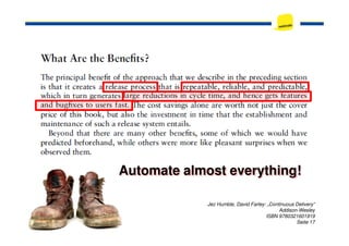 Jez Humble, David Farley: „Continuous Delivery“
Addison-Wesley
ISBN 9780321601919
Seite 17
Automate almost everything!
 