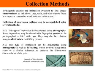 Collection Methods
Investigators analyze the impression evidence to find unique
characteristics to link shoes, tires, tools, and other objects found
in a suspect’s possession to evidence at a crime scene.
Collection of impression evidence can be accomplished using
several methods:
2-D: This type of impression is documented using photography.
Some impressions may be dusted with fingerprint powder to be
photographed or lifted with tape. They may also be collected
using an electrostatic dust lifting process.
3-D: This type of impression can be documented using
photography as well as by casting, which involves using dental
stone or a similar substance to preserve the dimensional
characteristics of the print.
Images: http://www.evidentcrimescene.com/cata/cast/dscasting.html
Example of Shoe Print in
Bio-Foam Impression Foam
 